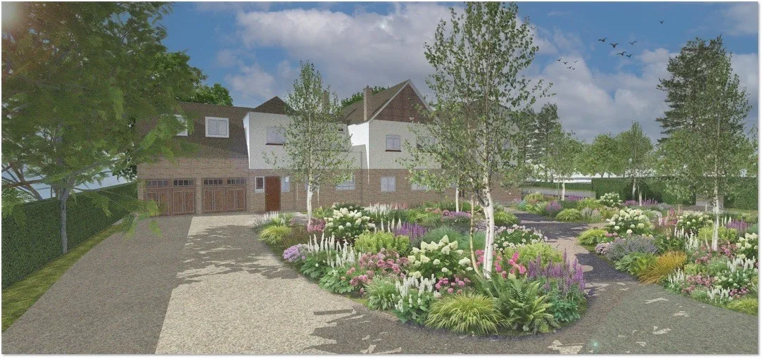 A curved driveway border with birch trees and mixed planting, leading to the house