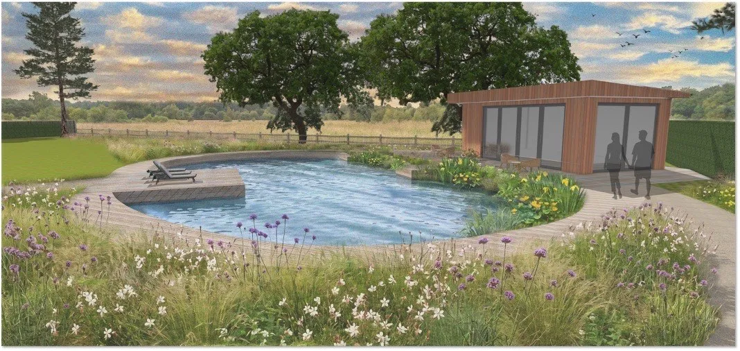A natural swimming pond with a garden room and informal wildflower planting