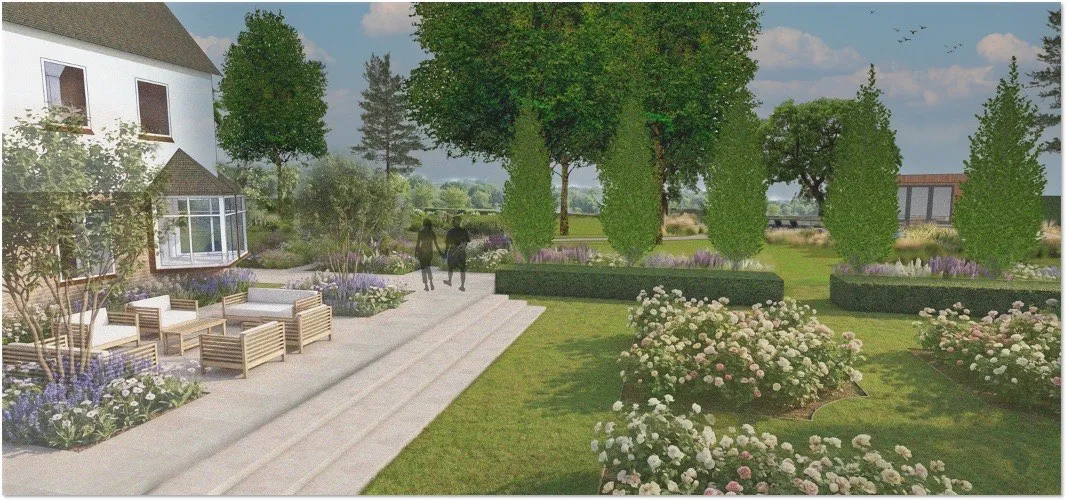 A paved courtyard with pleached trees, rose beds and outdoor seating beside the house
