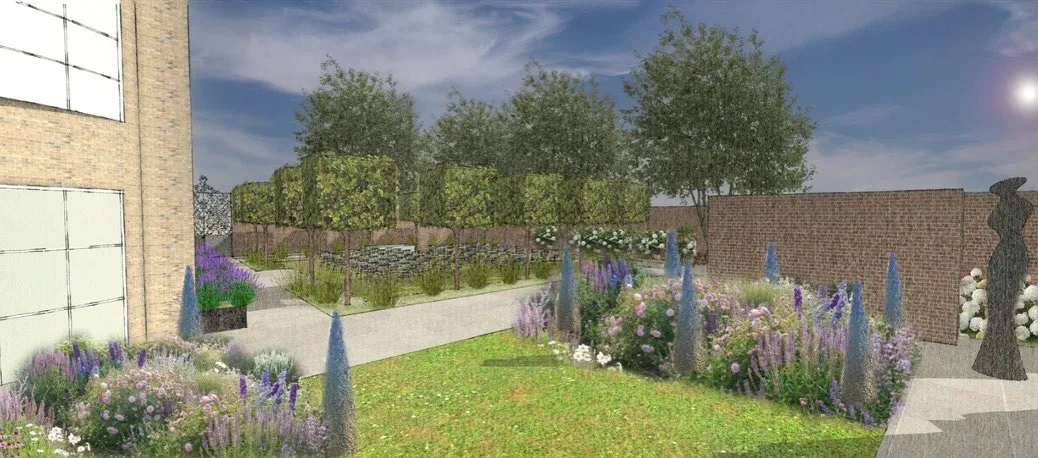 A gravel garden path with clipped hedges, topiary cones and a sculptural feature