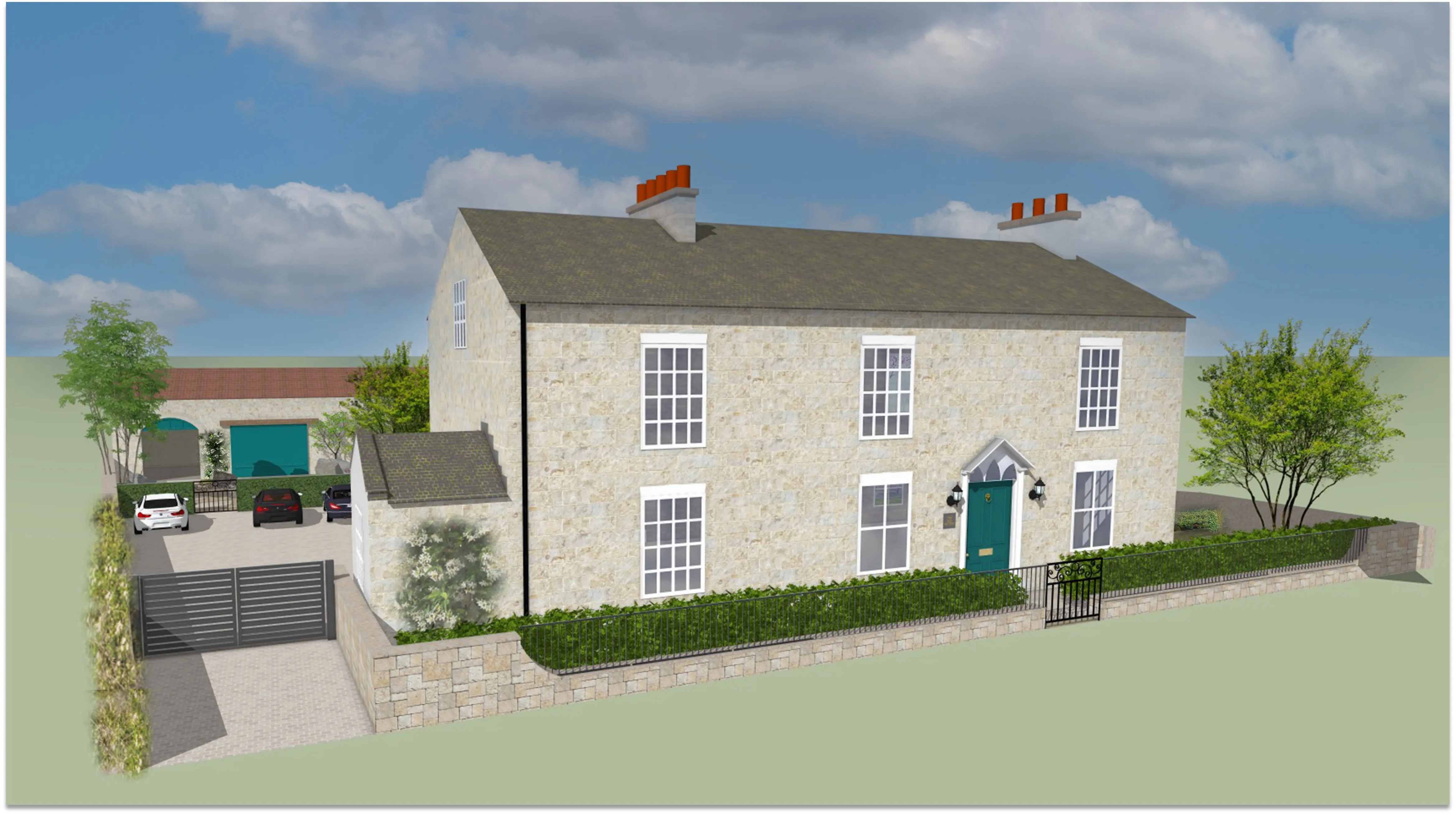 The front of a stone rectory with a gated driveway and boundary wall