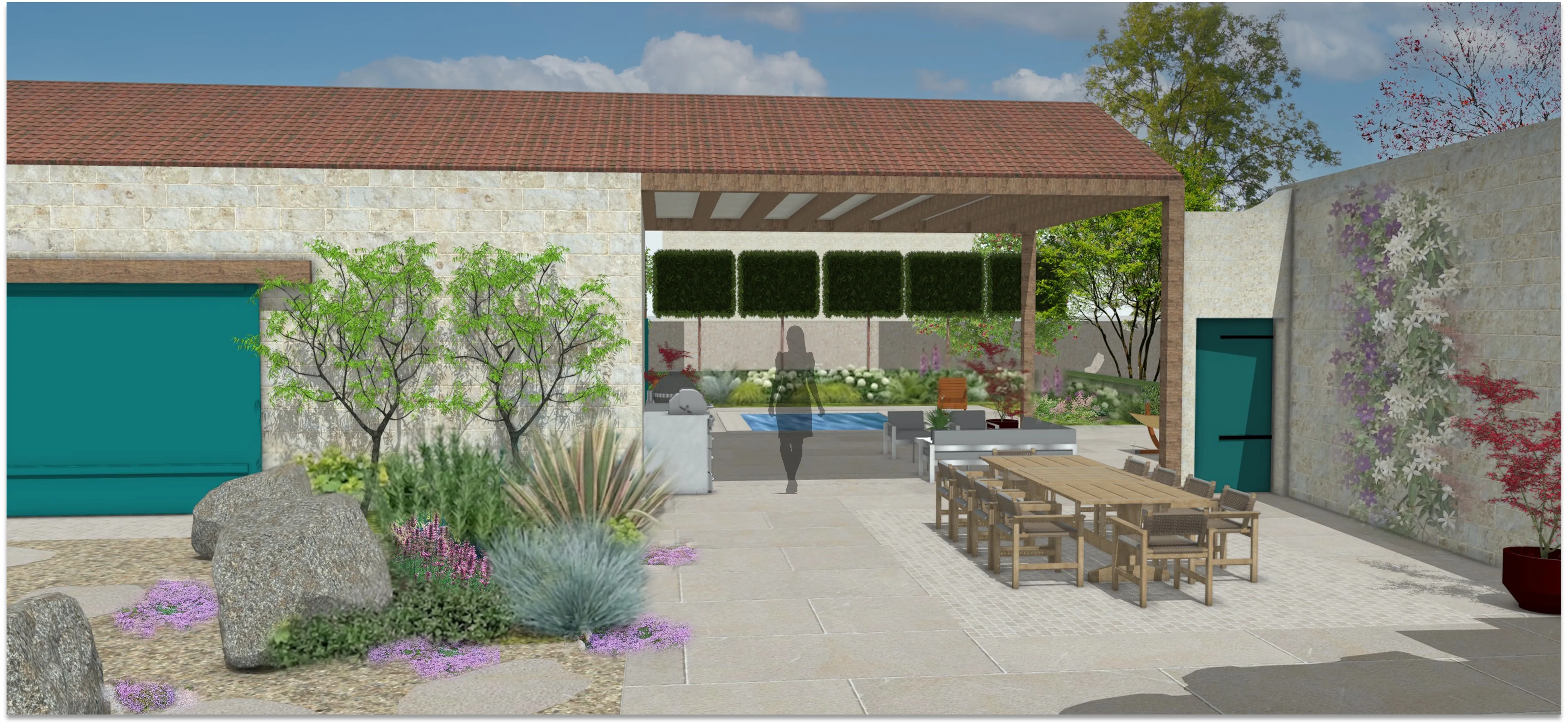 A rear garden with clipped hedging, a firepit terrace and mixed perennial borders