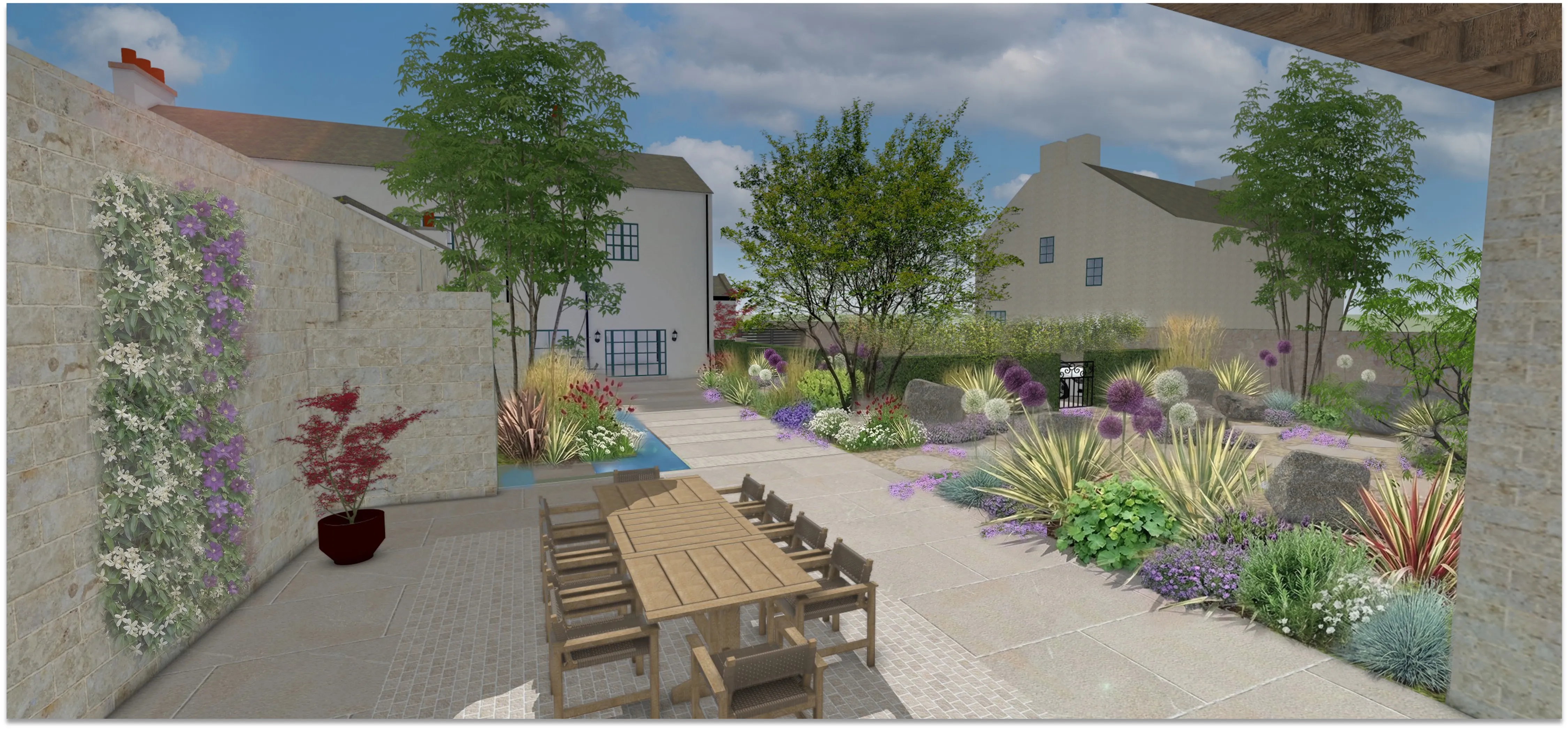 A walled dining terrace with a clematis-covered wall, gravel paths and ornamental grasses
